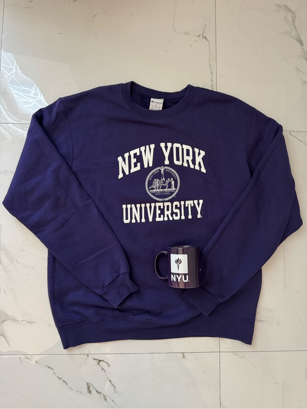 Champion New York University Purple Crewneck Sweatshirt + Mug Bundle